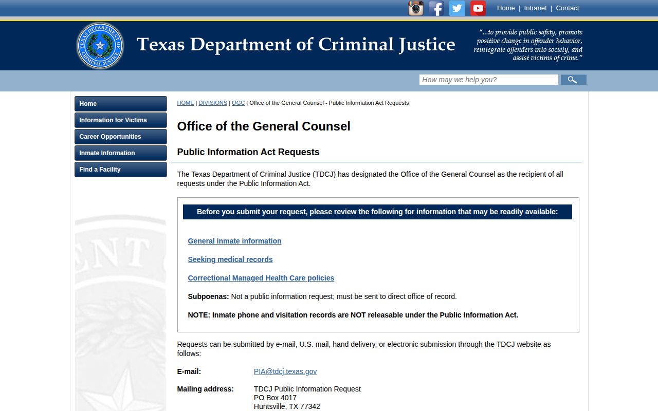 Texas Department of Criminal Justice open-records request page