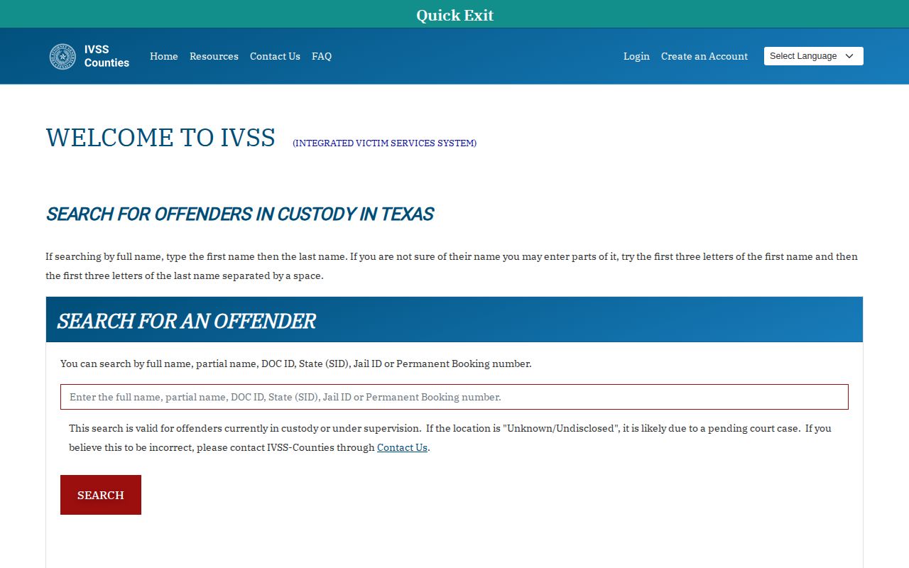 Texas IVSS-Counties offender search page for custody alerts