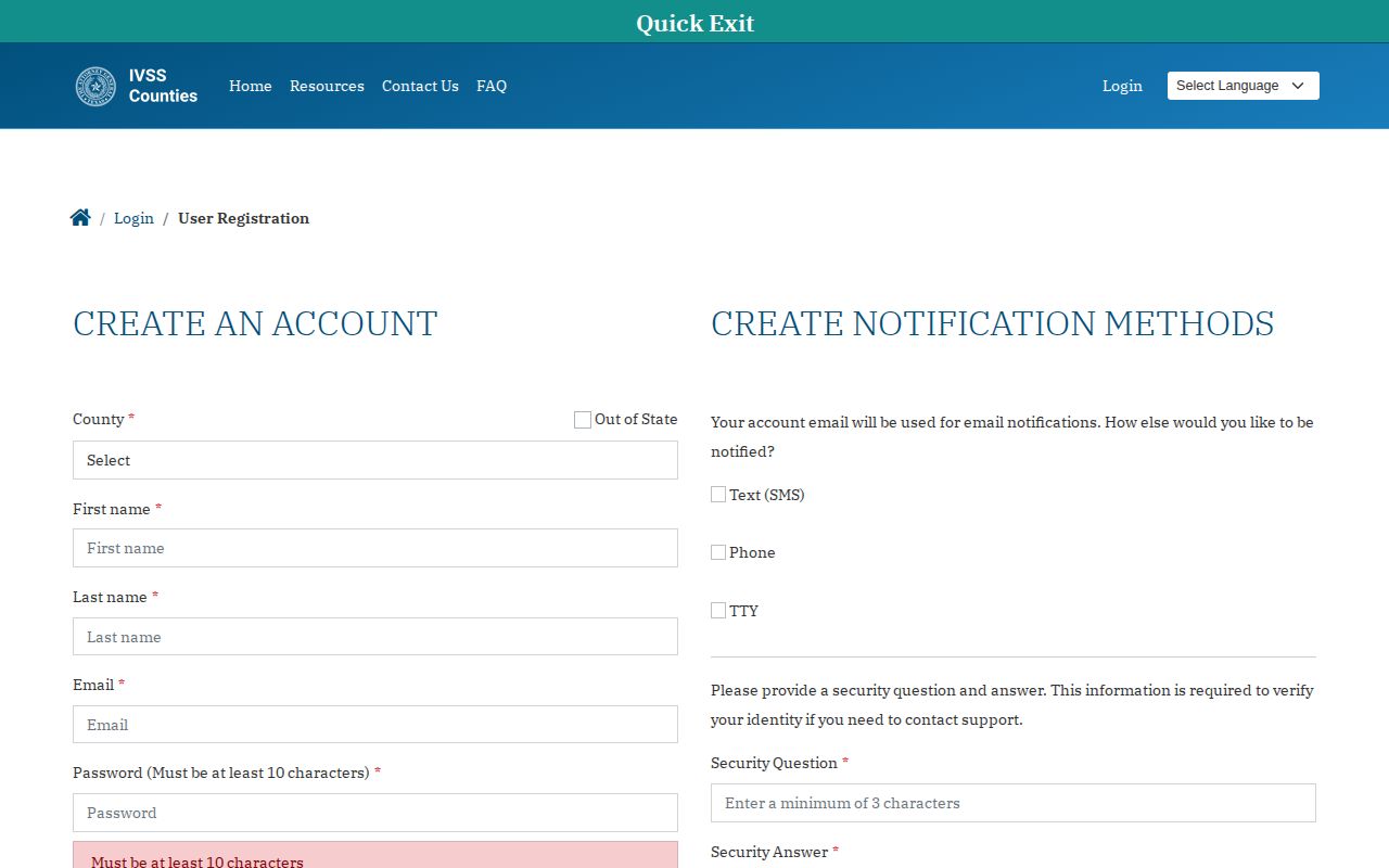 Texas IVSS-Counties account registration screen
